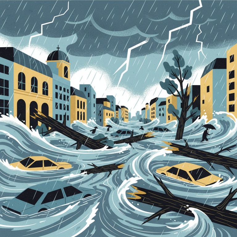 Storm floods Craiova streets and topples trees onto cars