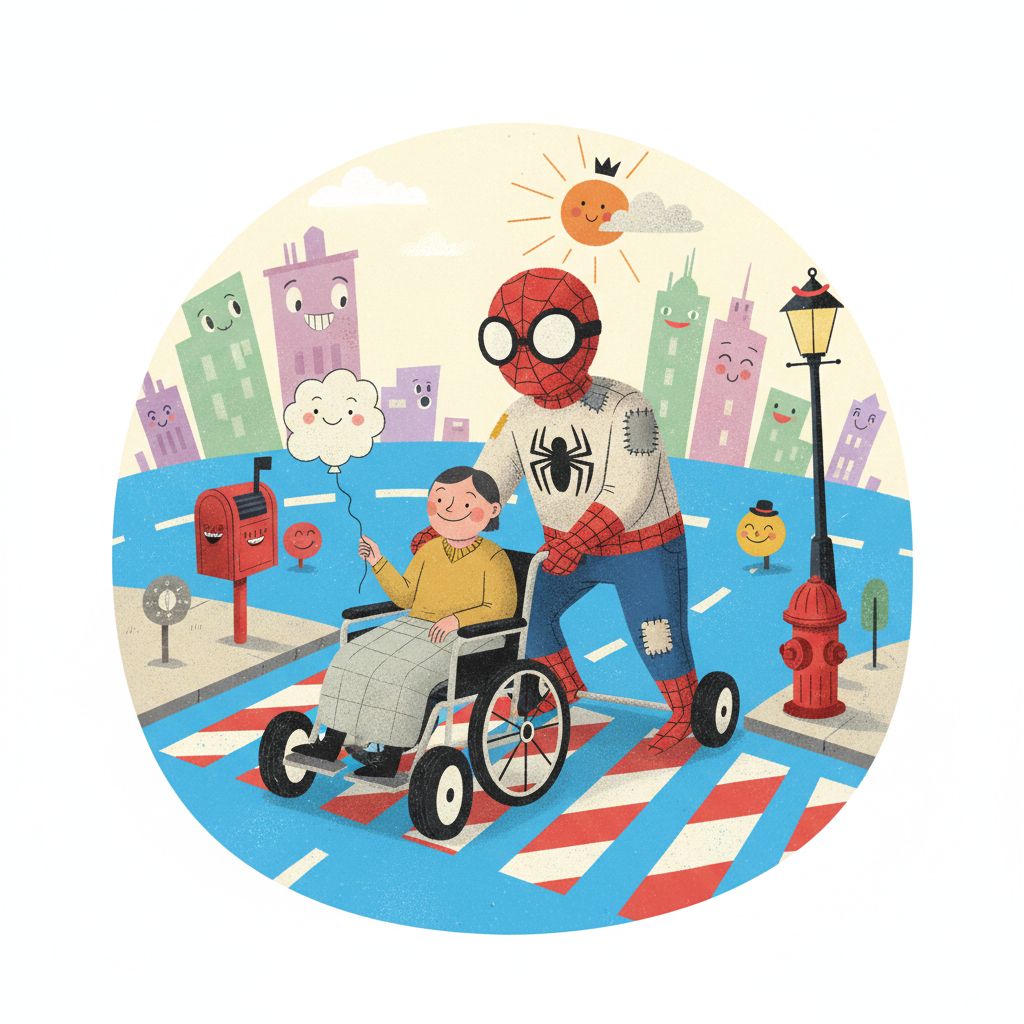 Spider-Man costumed driver helps wheelchair user cross road